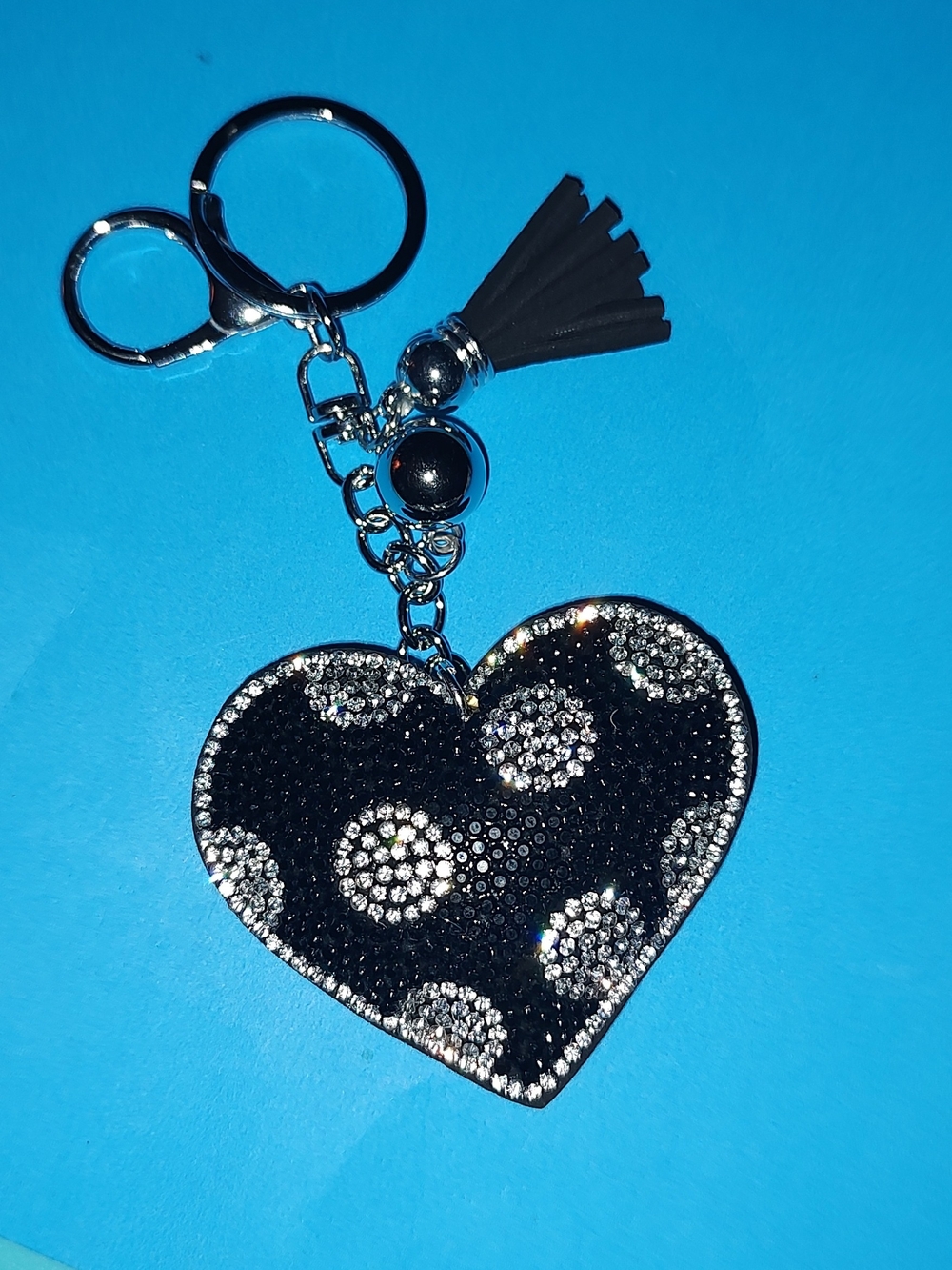New! Rhinestone Black Heart Keychain Bag Charm with Tassel